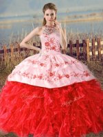 Elegant Red Sleeveless Floor Length Embroidery and Ruffles Lace Up Quinceanera Dress