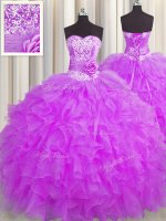 Sophisticated Handcrafted Flower Sweetheart Sleeveless Quinceanera Dresses Floor Length Beading and Ruffles and Hand Made Flower Purple Organza