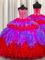 Popular Bling-bling Visible Boning Multi-color Sleeveless Tulle Lace Up Vestidos de Quinceanera for Military Ball and Sweet 16 and Quinceanera