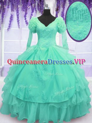 On Sale Floor Length Turquoise Quinceanera Gowns V-neck Long Sleeves Lace Up