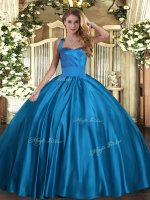 Superior Blue Lace Up Quinceanera Gowns Ruching Sleeveless Floor Length