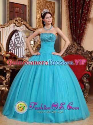 Embroidery with Beading Popular Turquoise Quinceanera Dress Strapless Tulle Ball Gown in Munster Indiana/IN