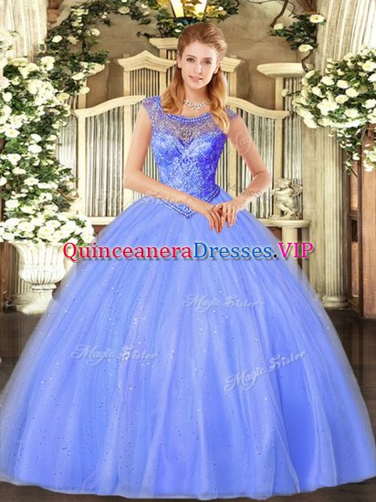 Fashionable Blue Scoop Neckline Beading 15 Quinceanera Dress Sleeveless Lace Up - Click Image to Close