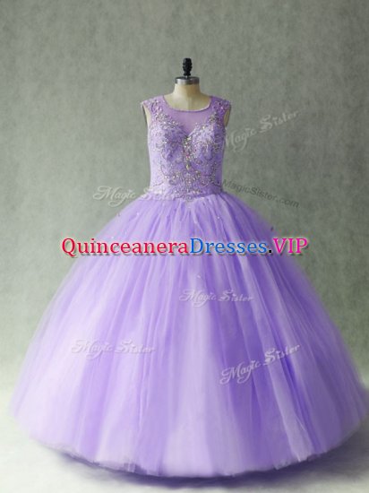 Fitting Lavender Ball Gowns Scoop Sleeveless Tulle Floor Length Lace Up Beading Ball Gown Prom Dress - Click Image to Close