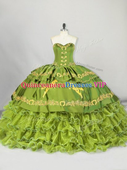 Excellent Olive Green Sweetheart Lace Up Embroidery and Ruffled Layers Sweet 16 Dresses Brush Train Sleeveless - Click Image to Close