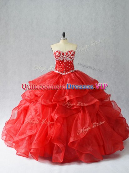 Red Organza Lace Up Sweetheart Sleeveless Floor Length Sweet 16 Dress Beading and Ruffles - Click Image to Close
