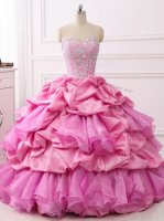Rose Pink Sleeveless Floor Length Beading and Ruffles and Pick Ups Lace Up Sweet 16 Dresses