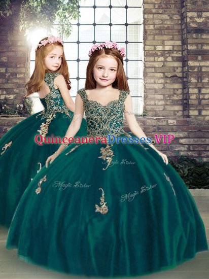Popular Floor Length Lace Up Kids Formal Wear Peacock Green for Party and Wedding Party with Appliques - Click Image to Close