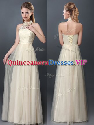Fantastic Halter Top Sleeveless Lace and Appliques Lace Up Dama Dress for Quinceanera