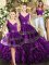 Dramatic Purple V-neck Backless Beading and Embroidery and Ruffles 15th Birthday Dress Sleeveless