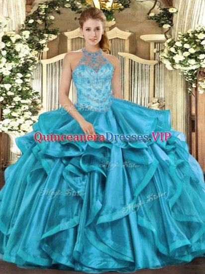 Fine Teal Quinceanera Dresses Military Ball and Sweet 16 and Quinceanera with Beading Halter Top Sleeveless Lace Up - Click Image to Close