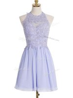Deluxe Sleeveless Chiffon Knee Length Lace Up Court Dresses for Sweet 16 in Lavender with Lace