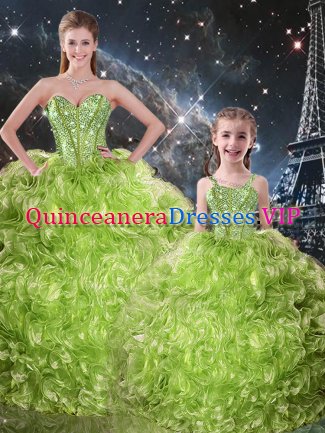 Custom Made Olive Green Lace Up Quinceanera Gown Beading and Ruffles Sleeveless Floor Length