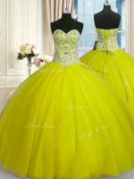Floor Length Yellow Green Quinceanera Dresses Tulle Sleeveless Beading and Sequins