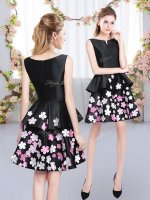 Dramatic Black A-line Satin Scoop Sleeveless Pattern Mini Length Zipper Dama Dress for Quinceanera