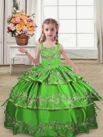 Green Sleeveless Floor Length Embroidery and Ruffled Layers Lace Up Girls Pageant Dresses