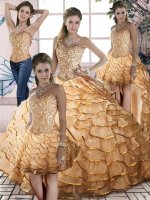 Flare Brush Train Ball Gowns Vestidos de Quinceanera Gold Sweetheart Organza Sleeveless Lace Up