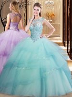 Glittering Scoop Light Blue 15 Quinceanera Dress Tulle Brush Train Sleeveless Beading and Ruffled Layers(SKU SJQDDT893002BIZ)
