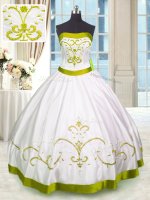 White Quince Ball Gowns Military Ball and Sweet 16 and Quinceanera with Embroidery Strapless Sleeveless Lace Up