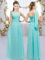 Aqua Blue Chiffon Lace Up One Shoulder Sleeveless Floor Length Dama Dress for Quinceanera Hand Made Flower(SKU BMT0408BIZ)