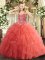 Floor Length Lace Up Quinceanera Dresses Watermelon Red for Military Ball and Sweet 16 and Quinceanera with Beading and Ruffles