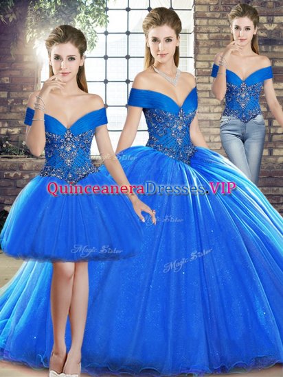 Artistic Off The Shoulder Sleeveless Sweet 16 Quinceanera Dress Brush Train Beading Royal Blue Organza - Click Image to Close