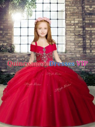 Beading Little Girls Pageant Gowns Red Lace Up Sleeveless Floor Length
