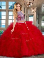 Designer Scoop Backless Red Sleeveless Beading and Ruffles Floor Length Sweet 16 Dress(SKU SXQD007-1BIZ)