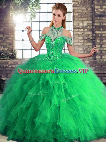 Adorable Halter Top Sleeveless Tulle Quinceanera Gown Beading and Ruffles Lace Up - Click Image to Close