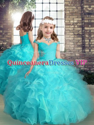 High Class Aqua Blue Sleeveless Beading and Ruffles High Low Glitz Pageant Dress