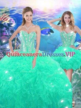High Low Turquoise Ball Gown Prom Dress Organza Sleeveless Beading and Ruffles