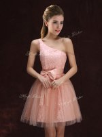 One Shoulder Sleeveless Lace Up Dama Dress for Quinceanera Peach Tulle and Lace