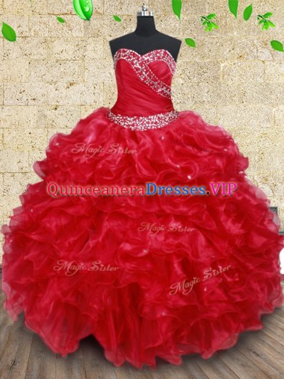 On Sale Floor Length Red Quinceanera Dresses Sweetheart Sleeveless Lace Up - Click Image to Close