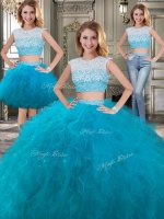 Three Piece Scoop Cap Sleeves Floor Length Beading and Ruffles Backless Sweet 16 Dress with Teal(SKU YYPJ025CX003BIZ)