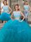 Three Piece Scoop Cap Sleeves Floor Length Beading and Ruffles Backless Sweet 16 Dress with Teal