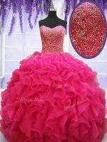 Top Selling Hot Pink Lace Up Sweetheart Beading and Ruffles Sweet 16 Dresses Organza Sleeveless
