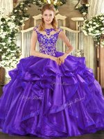 Lovely Purple Organza Lace Up Scoop Cap Sleeves Floor Length Military Ball Dresses For Women Beading and Ruffles