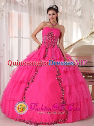 Lyndonville Vermont/VT Gorgeous Paillette and applique For Fashionable Hot Pink Quinceanera Dress With Sweetheart Organza tiered skirt