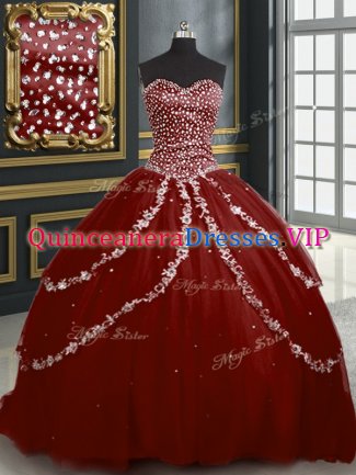Beading and Appliques Quince Ball Gowns Burgundy Lace Up Sleeveless With Brush Train