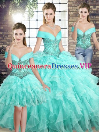 Custom Design Sleeveless Beading and Ruffles Lace Up Sweet 16 Dresses with Aqua Blue Brush Train