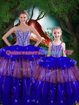 Simple Royal Blue Organza Lace Up Quinceanera Gown Sleeveless Floor Length Beading and Ruffled Layers