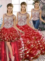 Red Sleeveless Floor Length Beading and Ruffles Lace Up Quinceanera Dresses