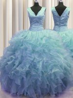 V Neck Zipper Up Baby Blue Ball Gowns Ruffles Ball Gown Prom Dress Zipper Organza Sleeveless Floor Length