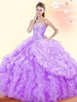 Artistic Lavender Organza Lace Up Ball Gown Prom Dress Sleeveless Floor Length Beading and Ruffles and Pick Ups