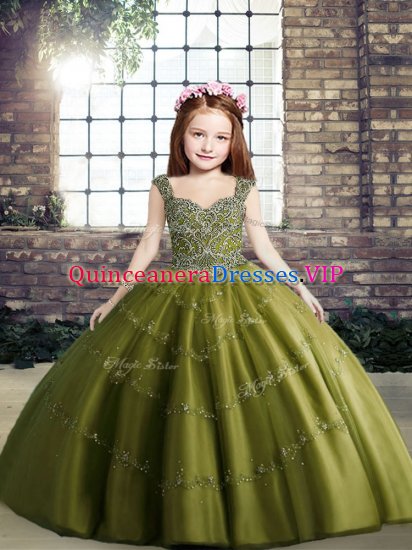 Floor Length Olive Green Girls Pageant Dresses Tulle Sleeveless Beading - Click Image to Close