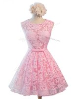 Delicate Baby Pink A-line Scoop Sleeveless Lace Knee Length Lace Up Belt Dama Dress