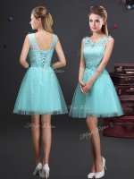 Classical Scoop Sleeveless Tulle Mini Length Lace Up Court Dresses for Sweet 16 in Aqua Blue with Lace and Appliques and Belt(SKU BMT0206EBIZ)