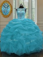 Unique Baby Blue Lace Up Scoop Beading and Pick Ups Sweet 16 Dresses Organza Sleeveless