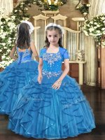 New Arrival Baby Blue Lace Up Straps Beading and Ruffles Little Girl Pageant Dress Tulle Sleeveless