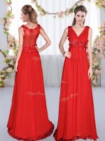 Wonderful Red Empire Chiffon V-neck Sleeveless Beading and Appliques Floor Length Side Zipper Quinceanera Court Dresses